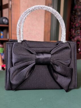 Elegant Black Bow Satin Handbag with Rhinestone Handles Formal Prom Event